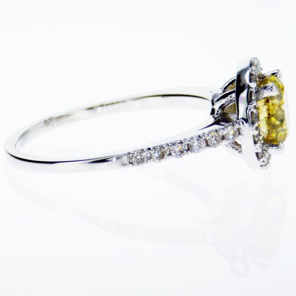 Halo Diamond Engagement Ring Fancy Yellow Round Shape 1.41 TCW 14K White Gold - Picture 10 of 11